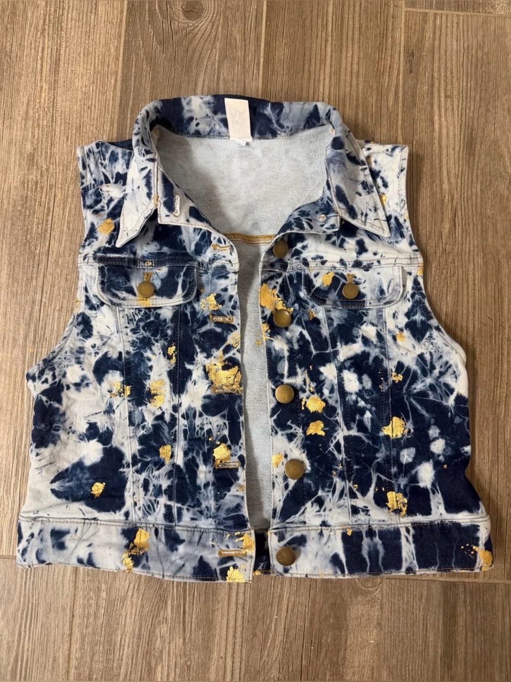Zumba Fitness Navy and White Tie-Dye Denim Vest with Gold Accents